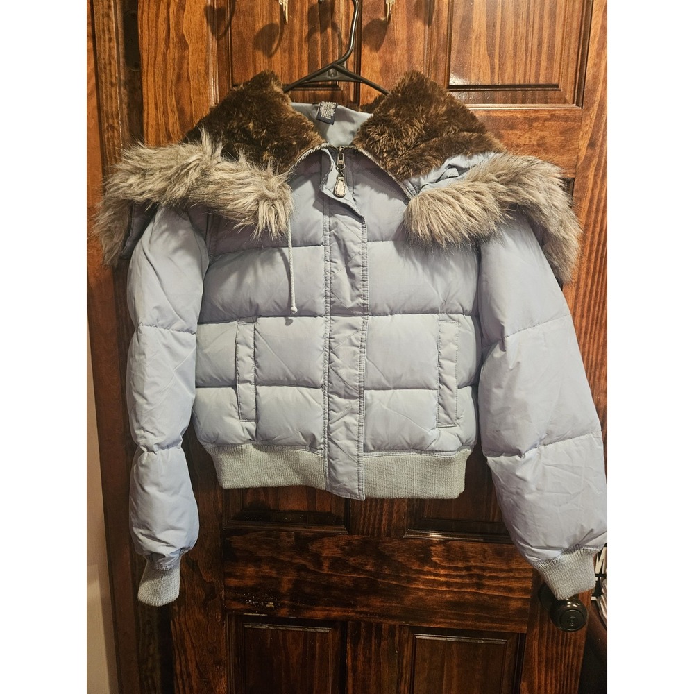 American Eagle Vintage Y2k Blue Feather Down Puffer Faux Fur Hood Bomber Coat M